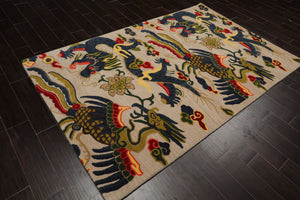 Multi Size Cream Teal Lime Color Hand Tufted Pictorial Wool Transitional Oriental Rug