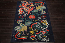Multi Size Navy Coral Turquoise Color Hand Tufted Pictorial Wool Transitional Oriental Rug