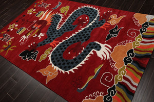 Multi Size Rust White Teal Color Hand Tufted Pictorial Wool Transitional Oriental Rug