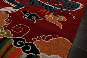 Multi Size Rust White Teal Color Hand Tufted Pictorial Wool Transitional Oriental Rug