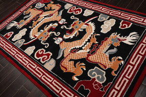 Multi Size Black Red Peach Color Hand Tufted Pictorial Wool Traditional Oriental Rug
