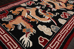 Multi Size Black Red Peach Color Hand Tufted Pictorial Wool Traditional Oriental Rug