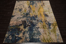 8x10 Beige, Blue, Gold Color Hand Knotted Sherpa Wool and Silk Modern Oriental Rug