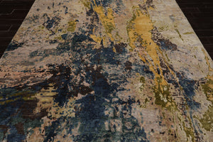 8x10 Beige, Blue, Gold Color Hand Knotted Sherpa Wool and Silk Modern Oriental Rug