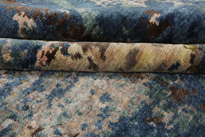 8x10 Beige, Blue, Gold Color Hand Knotted Sherpa Wool and Silk Modern Oriental Rug