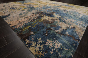 8x10 Beige, Blue, Gold Color Hand Knotted Sherpa Wool and Silk Modern Oriental Rug