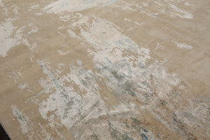 9x12 Beige, Tan, Blue Color Hand Knotted Sherpa Wool and Silk Modern Oriental Rug