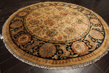 8' Round Gold, Black, Aqua Color Hand Knotted Agra Wool Traditional Oriental Rug