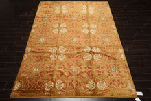 8x10 Gold, Orange, Aqua Color Hand Knotted Tibetan Wool Transitional Oriental Rug
