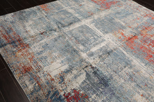 8x10 Ivory, Slate, Burnt Orange Color Hand Knotted Sherpa Wool and Silk Modern Oriental Rug