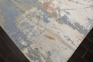 9x12 Blue, Beige, Ivory Color Hand Knotted Sherpa Wool and Silk Modern Oriental Rug