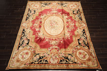 8x10 Rose, Black, Gold Color Hand Knotted French Aubusson Savonnerie Wool Traditional Oriental Rug