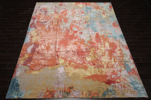 9x12 Teracotta, Peach, Aqua Color Hand Knotted Sherpa Wool and Silk Modern Oriental Rug