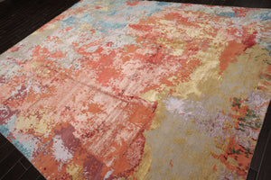 9x12 Teracotta, Peach, Aqua Color Hand Knotted Sherpa Wool and Silk Modern Oriental Rug
