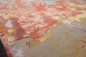 9x12 Teracotta, Peach, Aqua Color Hand Knotted Sherpa Wool and Silk Modern Oriental Rug