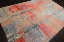 6x9 Beige, Coral, Blue Color Hand Knotted Sherpa Wool and Silk Modern Oriental Rug