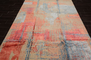 6x9 Beige, Coral, Blue Color Hand Knotted Sherpa Wool and Silk Modern Oriental Rug