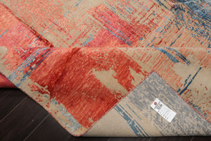 6x9 Beige, Coral, Blue Color Hand Knotted Sherpa Wool and Silk Modern Oriental Rug