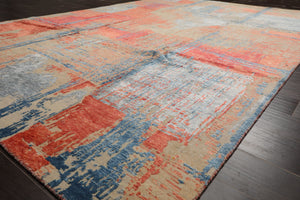 6x9 Beige, Coral, Blue Color Hand Knotted Sherpa Wool and Silk Modern Oriental Rug