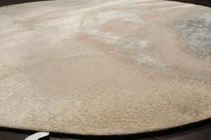 Round Beige, Taupe, Ivory Color Hand Knotted Sherpa Wool and Silk Modern Oriental Rug