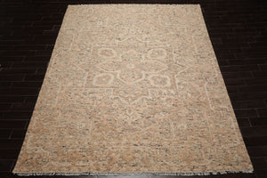 9x12 Tan, Beige, Gray Color Hand Knotted Embossed Look Wool and Silk Transitional Oriental Rug