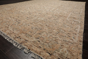 9x12 Tan, Beige, Gray Color Hand Knotted Embossed Look Wool and Silk Transitional Oriental Rug