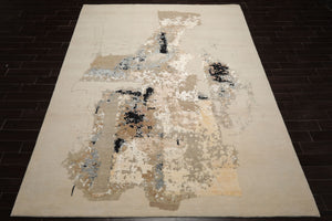 9x12 Ivory, Gray, Tan Color Hand Knotted Sherpa Wool and Silk Modern Oriental Rug