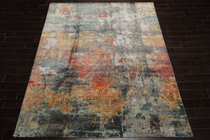 8x10 Gray, Rose, Celadon Color Hand Knotted Sherpa Wool and Silk Modern Oriental Rug