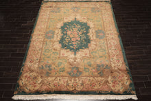 9x12 Emerald, Tan, Rose Color Hand Knotted French Aubusson Savonnerie Wool Traditional Oriental Rug