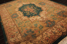 9x12 Emerald, Tan, Rose Color Hand Knotted French Aubusson Savonnerie Wool Traditional Oriental Rug