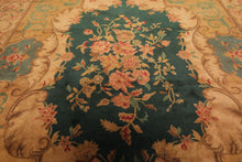 9x12 Emerald, Tan, Rose Color Hand Knotted French Aubusson Savonnerie Wool Traditional Oriental Rug