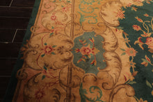 9x12 Emerald, Tan, Rose Color Hand Knotted French Aubusson Savonnerie Wool Traditional Oriental Rug
