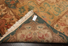 9x12 Emerald, Tan, Rose Color Hand Knotted French Aubusson Savonnerie Wool Traditional Oriental Rug