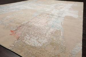 9x12 Ivory, Sea Foam, Taupe Color Hand Knotted Sherpa Wool and Silk Contemporary Oriental Rug