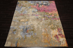 8x10 Beige, Mint, Ivory Color Hand Knotted Sherpa Wool and Silk Modern Oriental Rug
