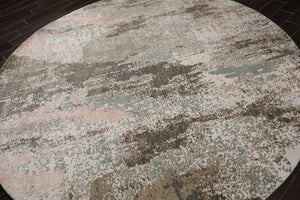 Round Ivory, Gray, Sea Form Color Hand Knotted Sherpa Wool and Silk Modern Oriental Rug