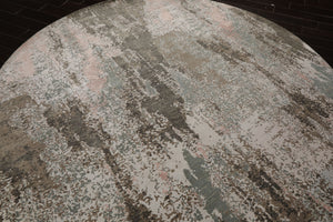Round Ivory, Gray, Sea Form Color Hand Knotted Sherpa Wool and Silk Modern Oriental Rug