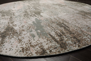 Round Ivory, Gray, Sea Form Color Hand Knotted Sherpa Wool and Silk Modern Oriental Rug