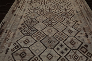 9x12 Beige, Gray, Brown Color Hand Woven Flatweave Wool Tribal Oriental Rug