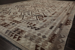 9x12 Beige, Gray, Brown Color Hand Woven Flatweave Wool Tribal Oriental Rug