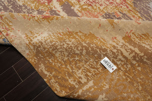 9x12 Beige, Gold, Tan Color Hand Knotted Abstract Wool and Silk Modern Oriental Rug