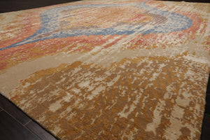 9x12 Beige, Gold, Tan Color Hand Knotted Abstract Wool and Silk Modern Oriental Rug