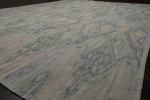 9x12 Gray, Blue, Ivory Color Hand Woven Flatweave Wool Modern Oriental Rug
