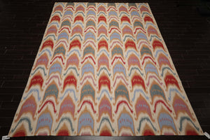 10x14 Ivory, Blue, Orange Color Hand Woven Flatweave Wool Contemporary Oriental Rug