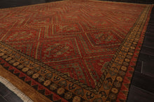 10x14 Rust, Gold, Moss Color Hand Knotted Geometric Wool Traditional Oriental Rug