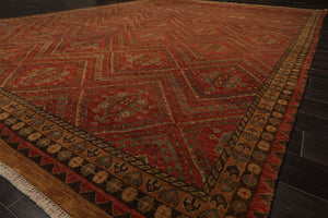 10x14 Rust, Gold, Moss Color Hand Knotted Geometric Wool Traditional Oriental Rug