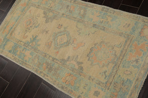 3x5 Beige, Aqua, Peach Color Hand Knotted Turkish Wool Arts & Crafts/Mission Oriental Rug