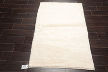 LoomBloom 3'x5' Ivory Hand Knotted Afghan Moroccan Contemporary Solid Wool Oriental Area Rug