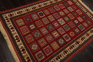 4x6 Rust, Ivory, Blue Color Hand Knotted Shiraz Wool Traditional Oriental Rug