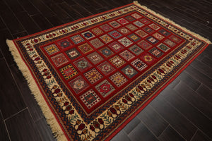 4x6 Rust, Ivory, Blue Color Hand Knotted Shiraz Wool Traditional Oriental Rug